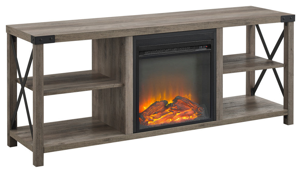 60" Farmhouse Metal X Fireplace Console - Grey Wash