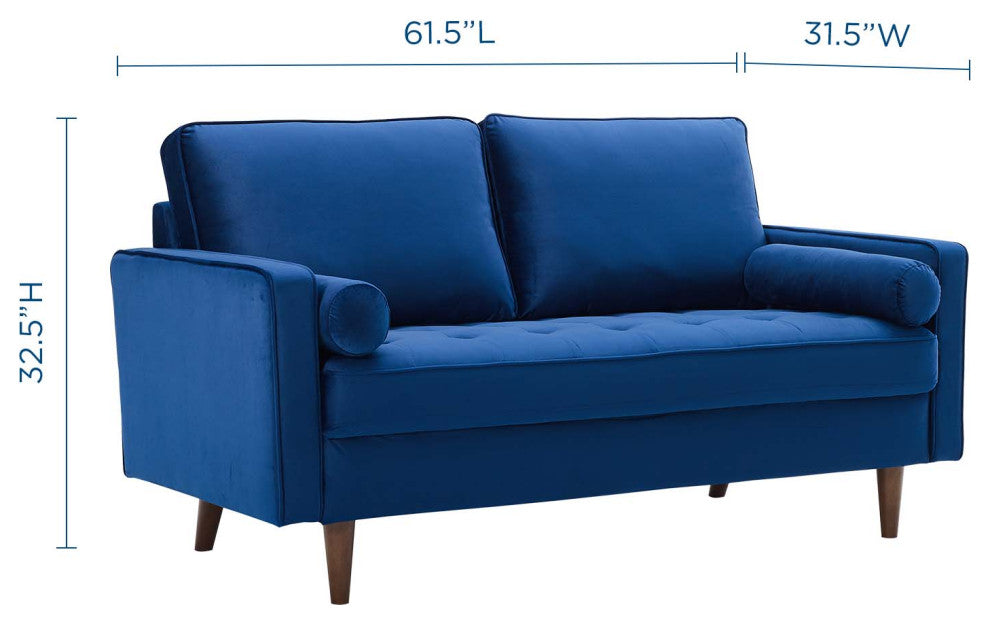 Loveseat Sofa, Velvet, Blue Navy, Modern, Living Lounge Hotel Lobby Hospitality
