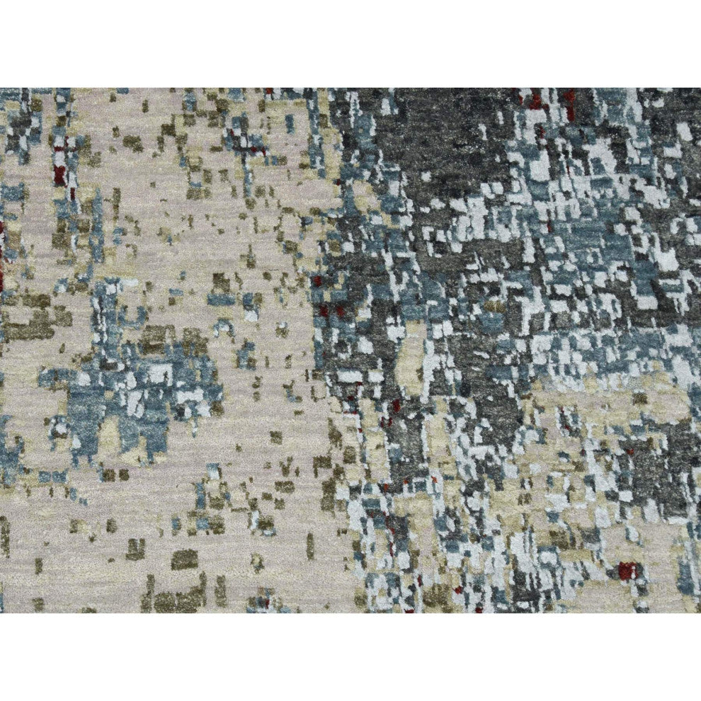 Bone Gray Natural Wool Hand Knotted Abstract Design Oriental Rug, 10'0"x14'2"