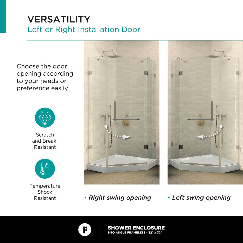 Shower Enclosure Neo Angle Frameless Tempered Glass, Polished Chrome, 30" X 30"