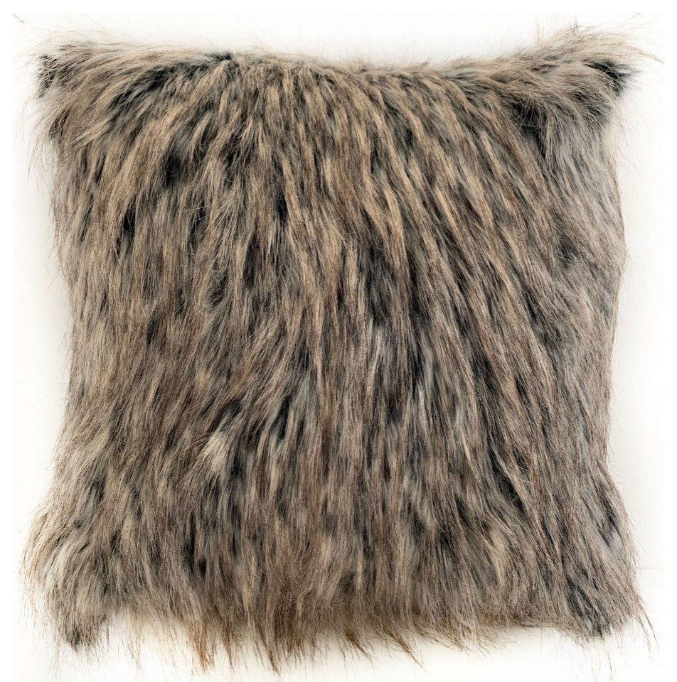 Plutus Gray Foxy Brown Gray Animal Faux Fur Luxury Throw Pillow, 24"x24"