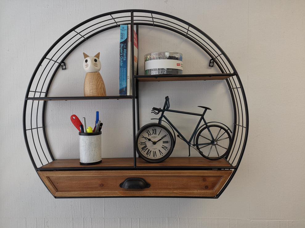 Rustic Iron Wall Shelf with Drawer