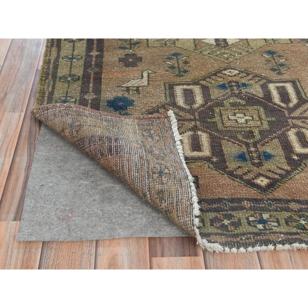 Walnut Brown Northwest Persian Wide Runner Bird Figurines Wool Rug, 3'4"x10'3"