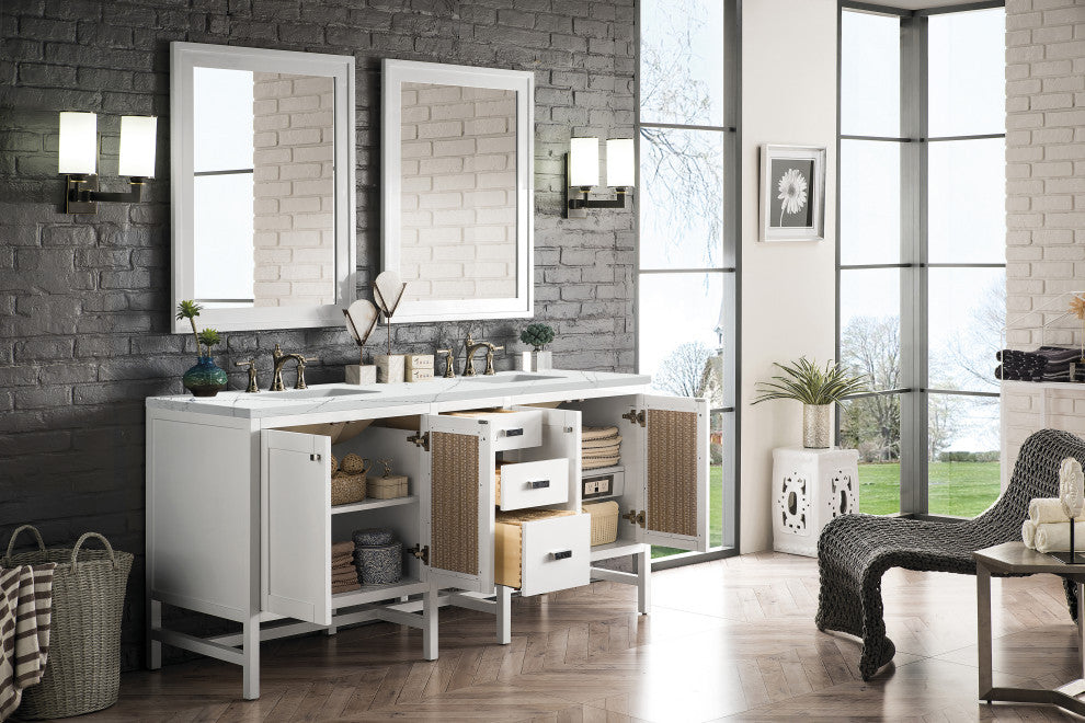 Addison 72" Double Vanity Cabinet, Glossy White, Ethereal Noctis, Three-Hole