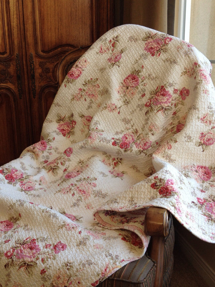 Chic Shabby Spring Rose 100% Cotton Quilted Throw