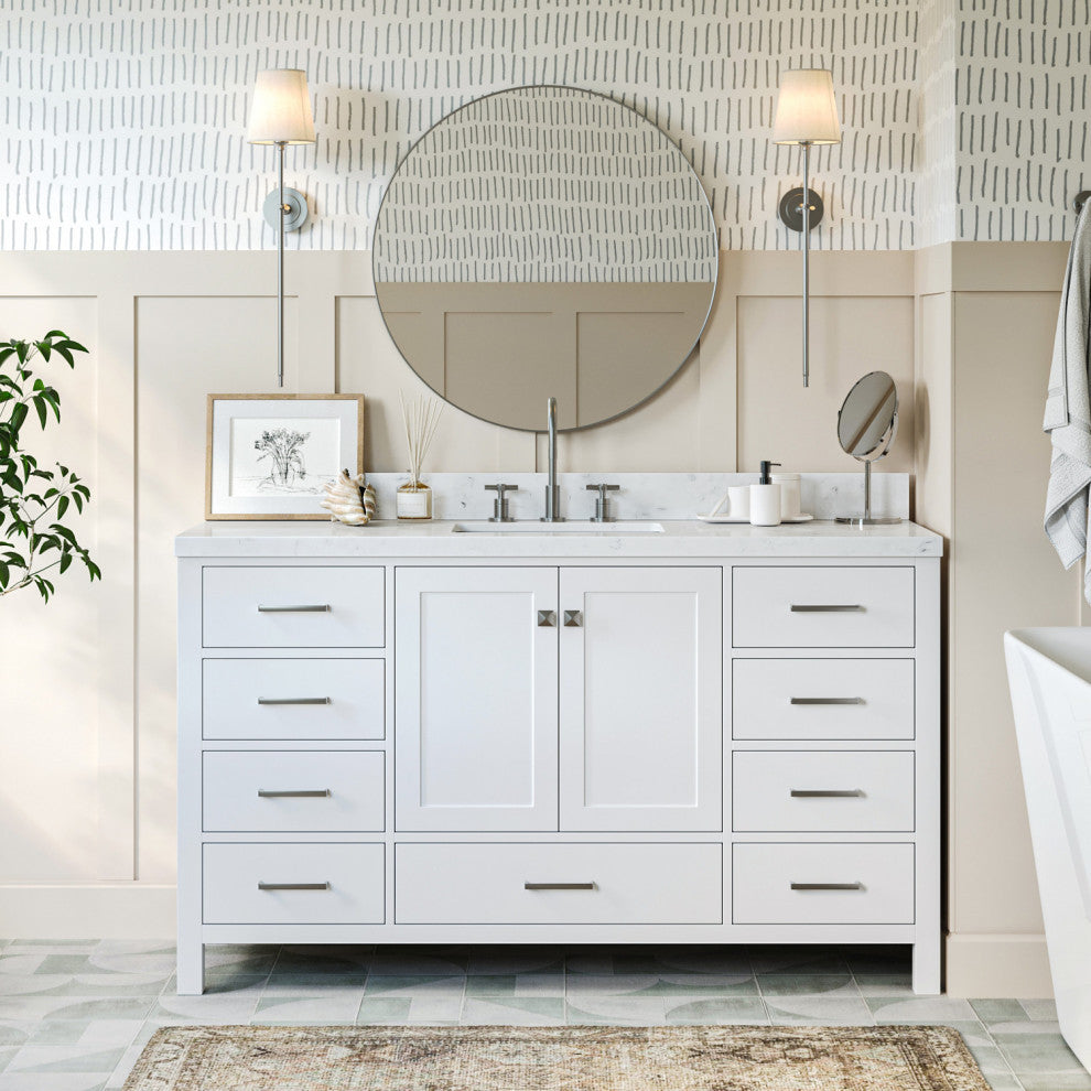 Ariel Cambridge 60" Single Sink Vanity, Carrara Quartz, Rectangle