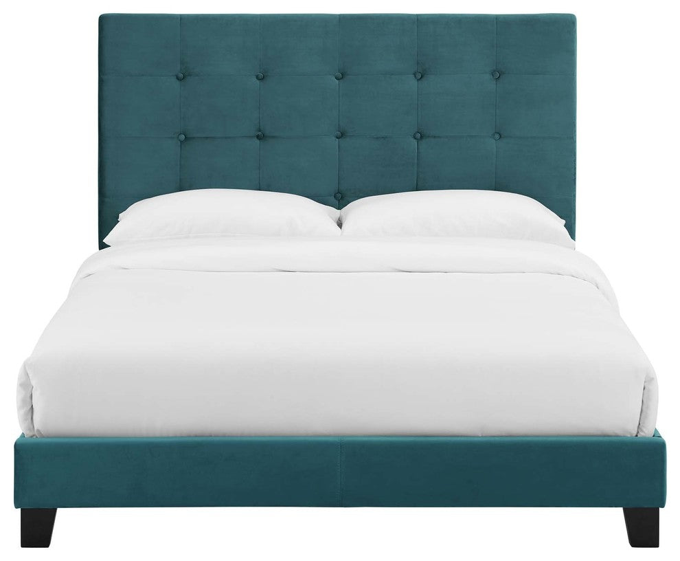 Melanie Queen Tufted Button Upholstered Performance Velvet Platform Bed Sea Blue