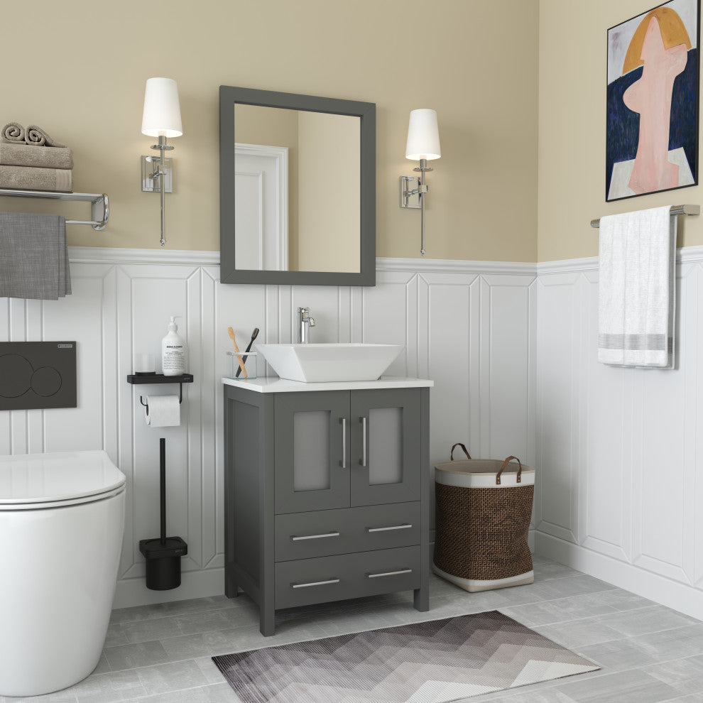 Vanity Art Bathroom Vanity Set With Sink, Gray, 24", Led Touch-Switch Mirror