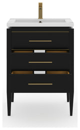 Celios Bathroom Vanity, Black with Brass Trim, 24", Single Sink, Freestanding