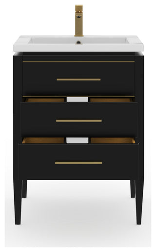 Celios Bathroom Vanity, Black with Brass Trim, 24", Single Sink, Freestanding