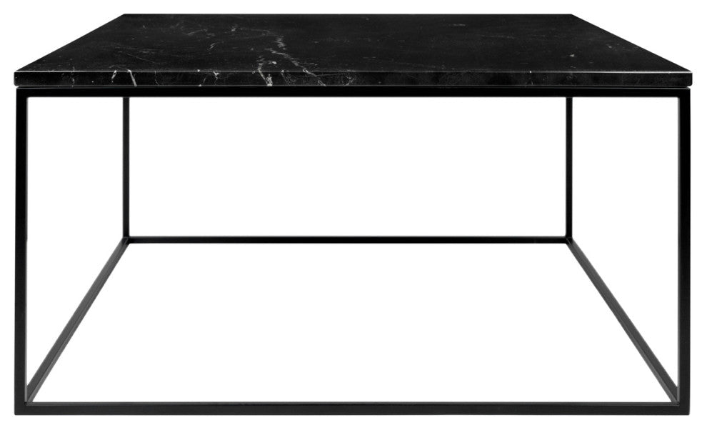 Modern Marble Top Minimal Metal Base Coffee Table, Black Marble/Black Base