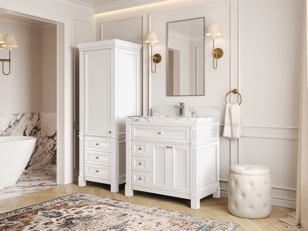 Paris 36" Center Sink Bathroom Vanity, White 2" Calacatta Nuvo
