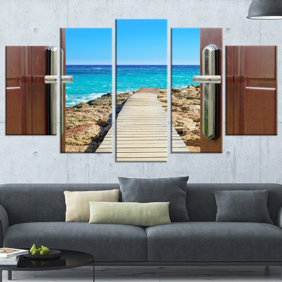 "Door Open To Wooden Ocean Pier" Wooden Sea Bridge Wall Art, 5 Panels, 60"x32"