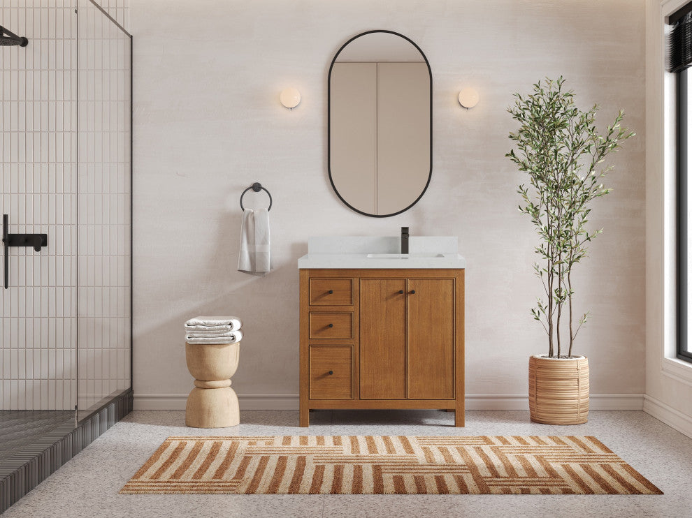 Chicago Venner Teak 36" Right Offset Vanity, Dark Natural 2" Carrara Quartz
