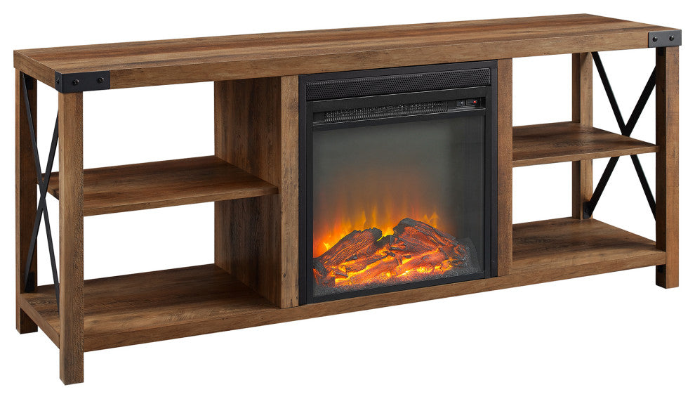 60" Farmhouse Metal X Fireplace Console - Rustic Oak