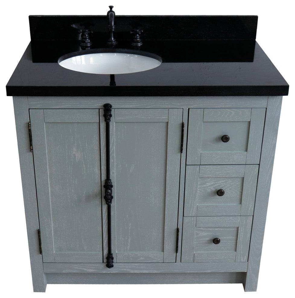 37" Single Vanity, Gray Ash With Black Galaxy Top, Left Doors/Left Oval Sink