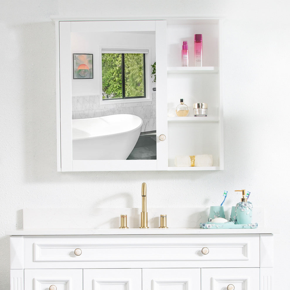 Solid Wood Bathroom Medicine Cabinet With Silver Coated Mirror, White, 34"x30"