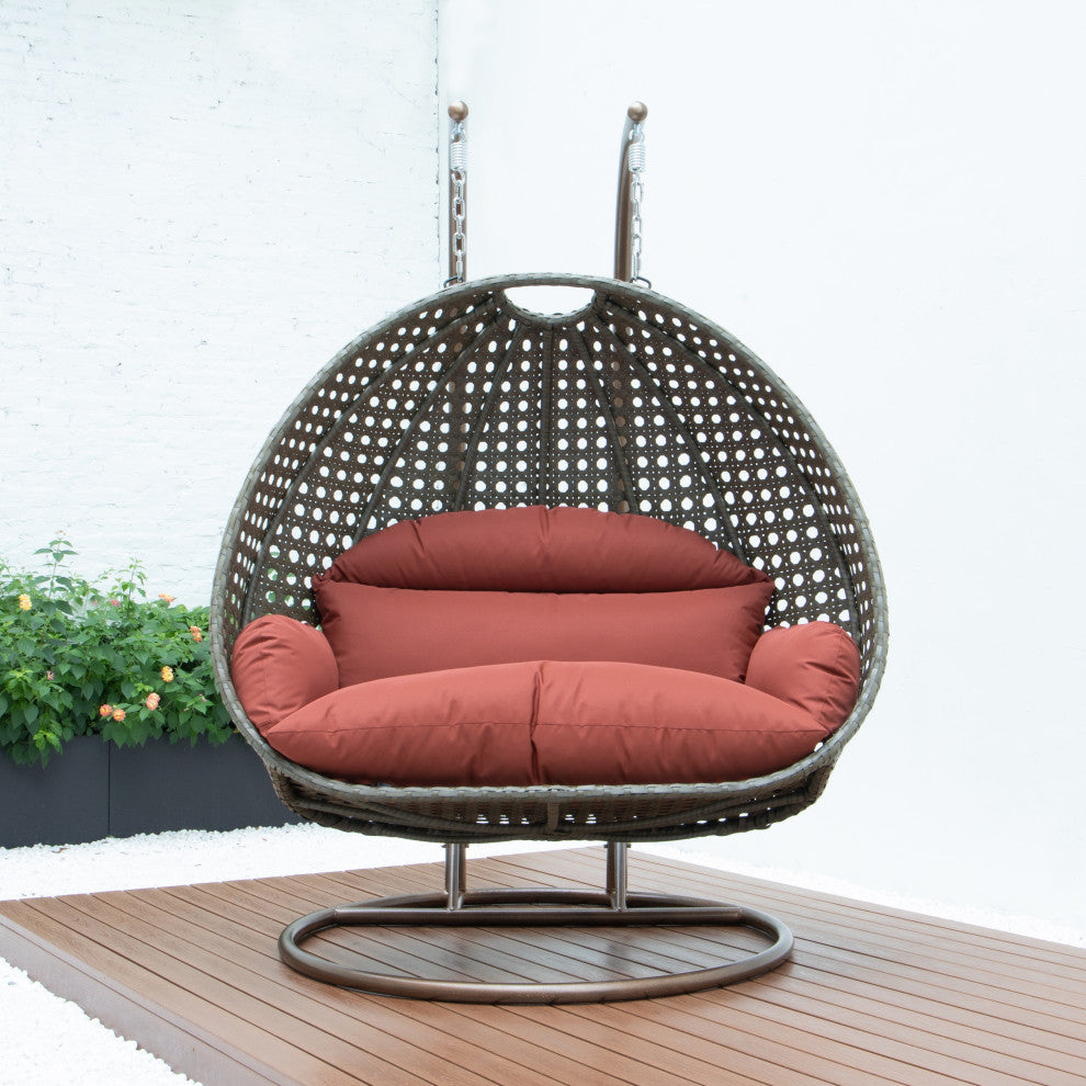 2 Person Beige Wicker Double Hanging Egg Swing Chair, Dark Orange