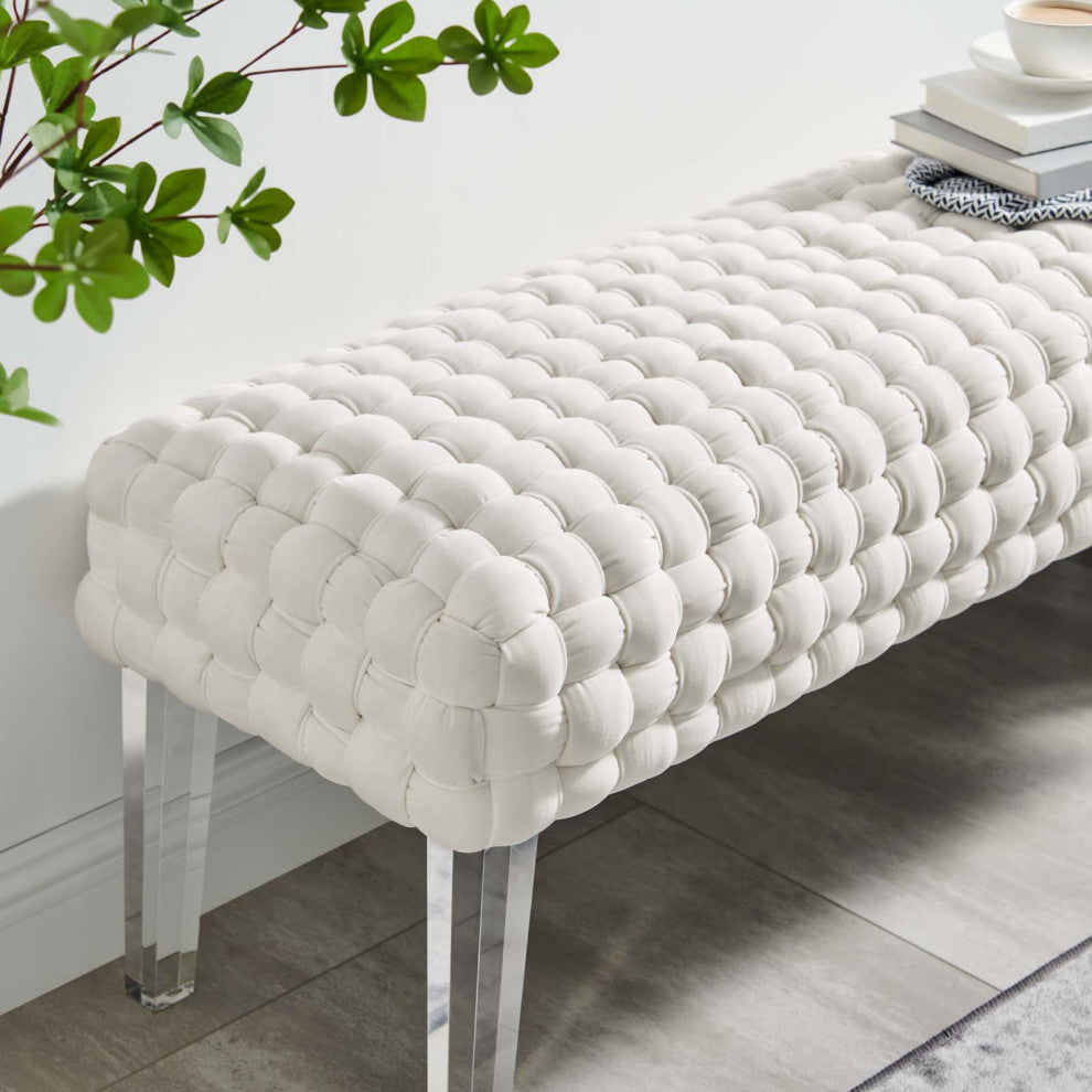 Ottoman Bench, White, Velvet, Modern, Mid Century Hotel Lounge Cafe