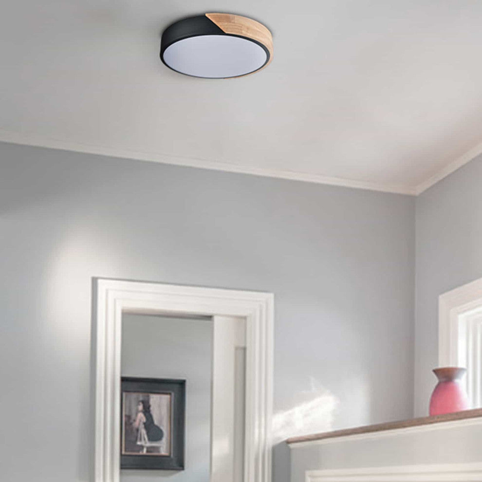 Modern LED Flush Mount Ceiling Light 2-Pack,Black and Wood Finish