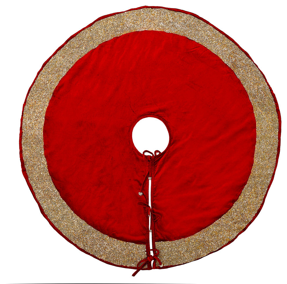 Red Velvet Christmas Tree Skirt with Hand Beaded Gold Border, 60"