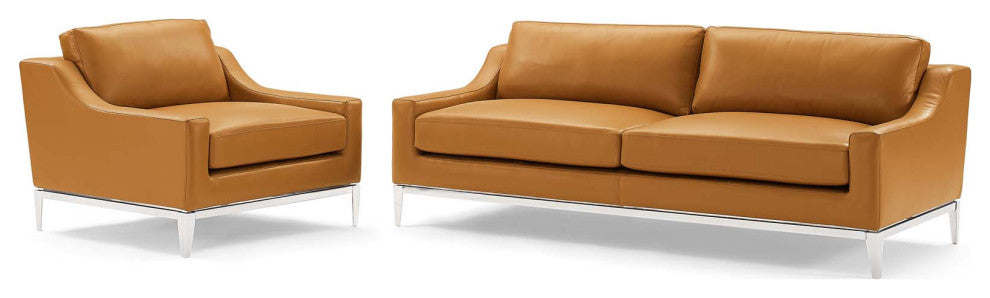 Armchair and Sofa Set, Leather, Tan, Modern, Living Lounge Hotel Hospitality