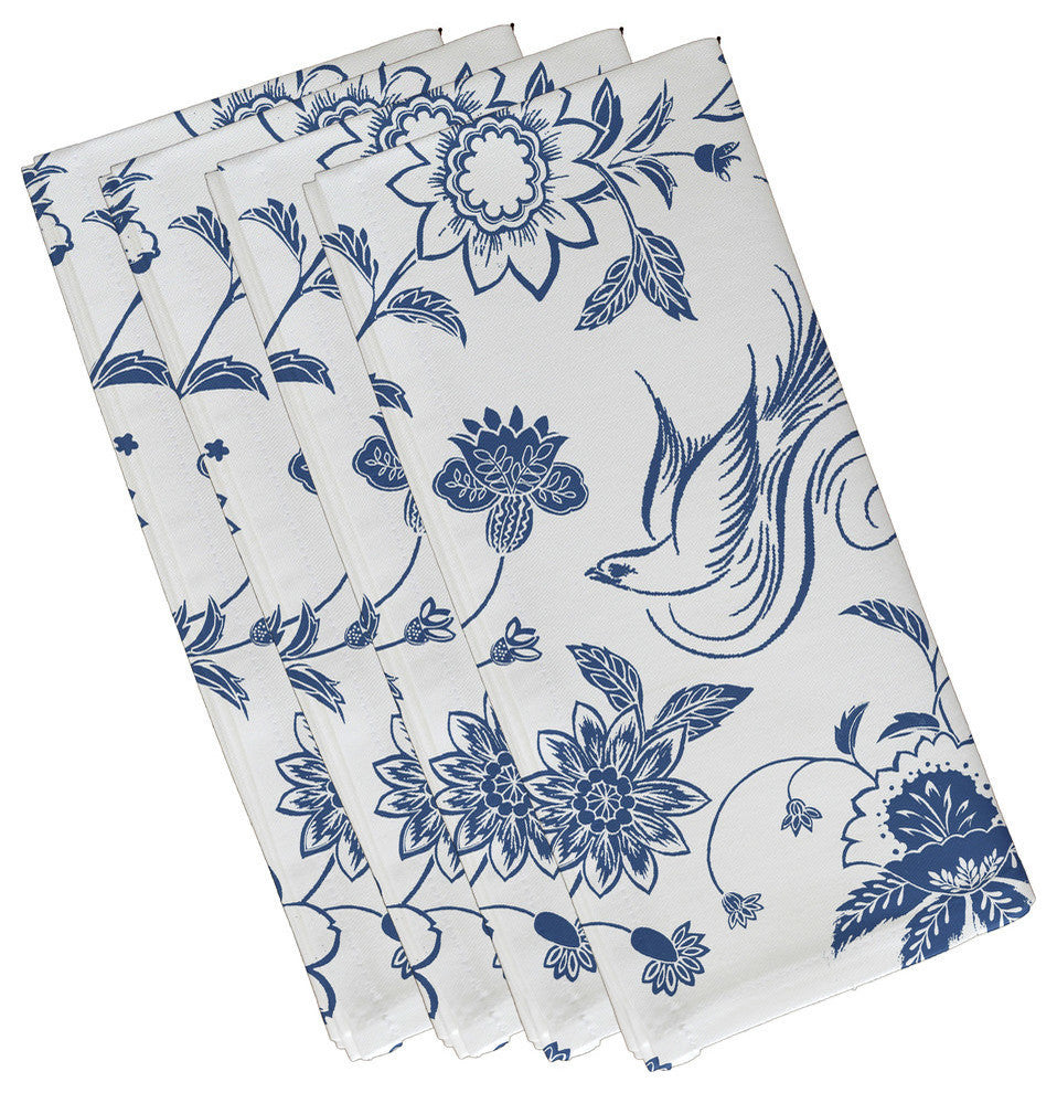 Traditional Bird Floral, Floral Print Napkin, Blue, Set of 4