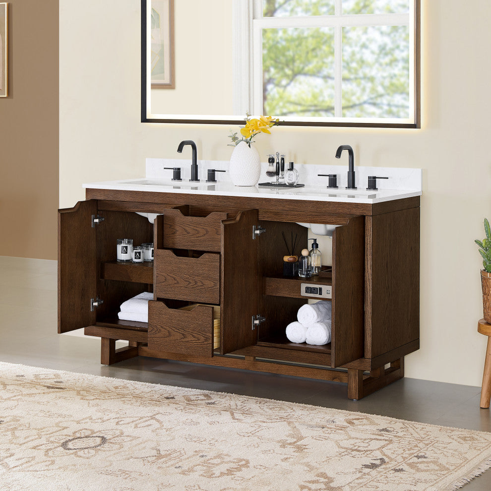 Mowry Bathroom Vanity, Brown Brushed Oak, 60", No Mirror