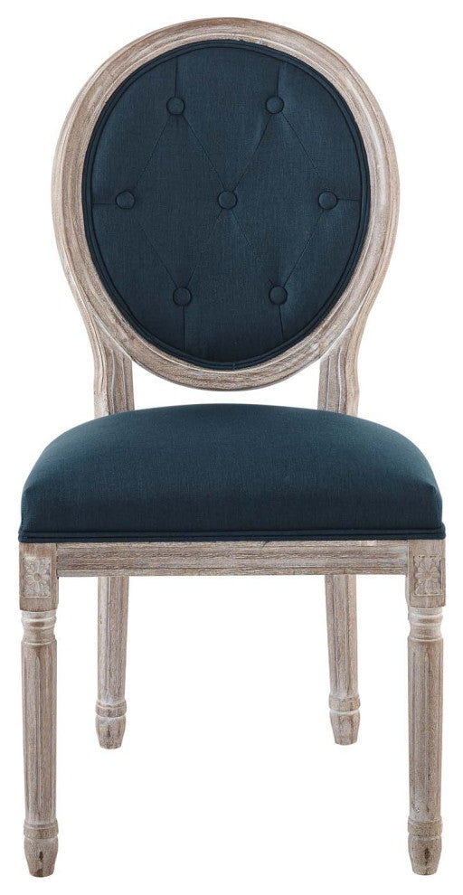 French Vintage Side Dining Chair, Fabric, Wood, Brown Natural Blue, Modern
