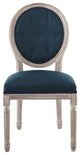 French Vintage Side Dining Chair, Fabric, Wood, Brown Natural Blue, Modern