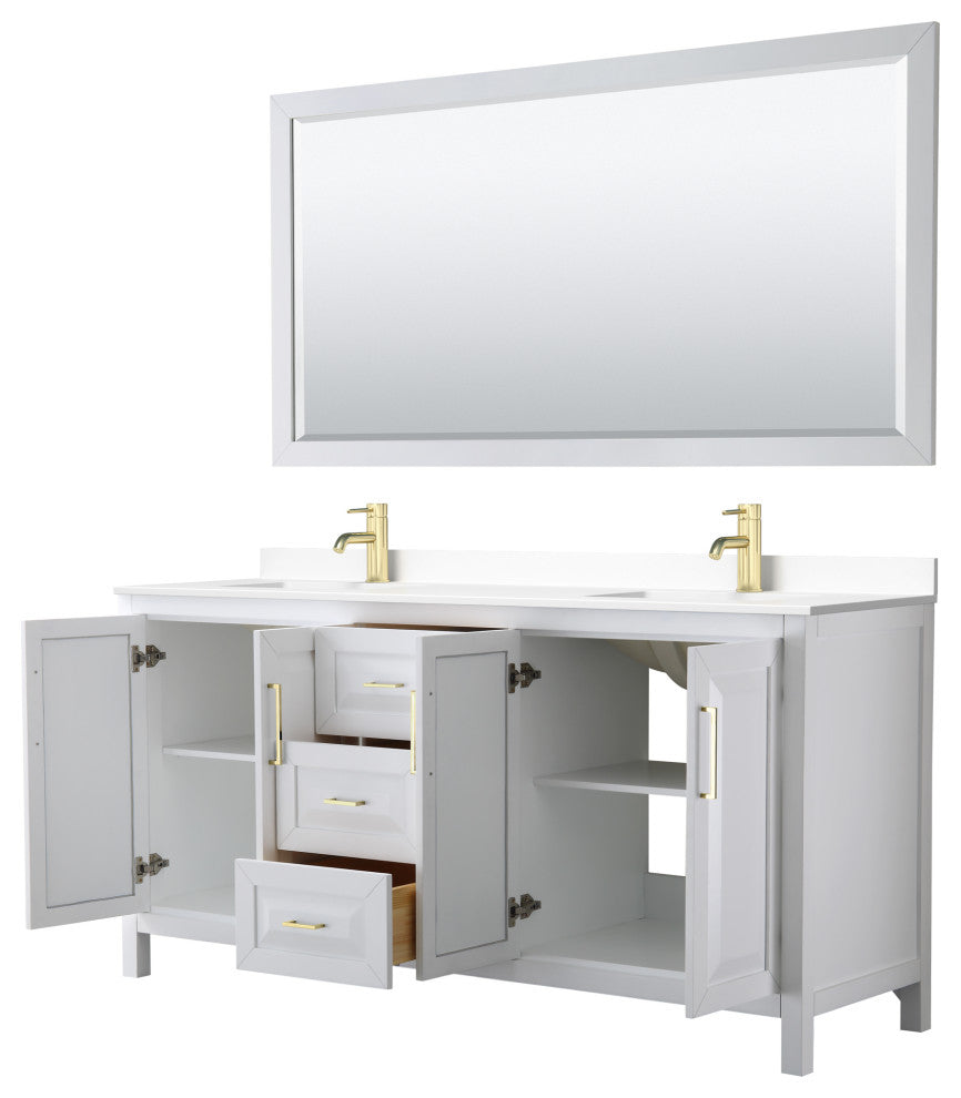 72"DBL Vanity White, White Cult. Marble Countertop, Sinks, 70"Mirror, Gold Trim
