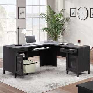 Pemberly Row Contemporary Coastal Engineered Wood L-Desk in Raven Oak