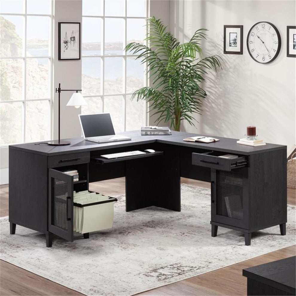 Pemberly Row Contemporary Coastal Engineered Wood L-Desk in Raven Oak