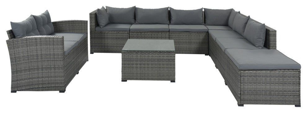 9 Pieces Outdoor Large Wicker Reversible Patio Sectional with Table and Cushions