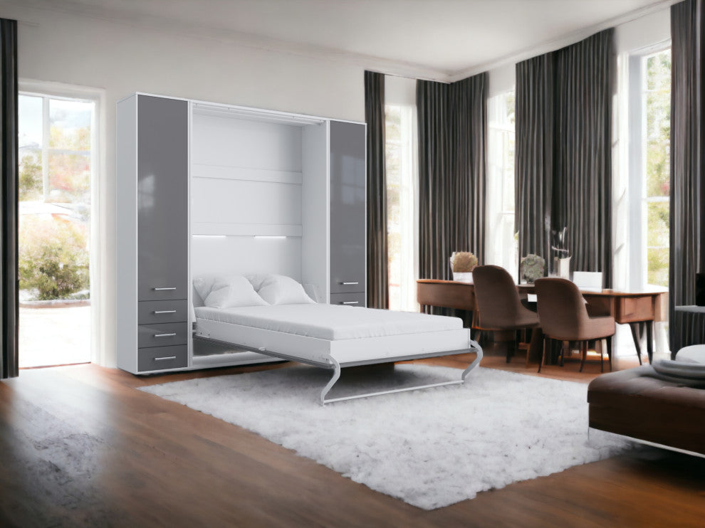 INVENTO Vertical Wall Bed With 2 Cabinets, White/Grey, With Mattress 63 X 78.7 Inch