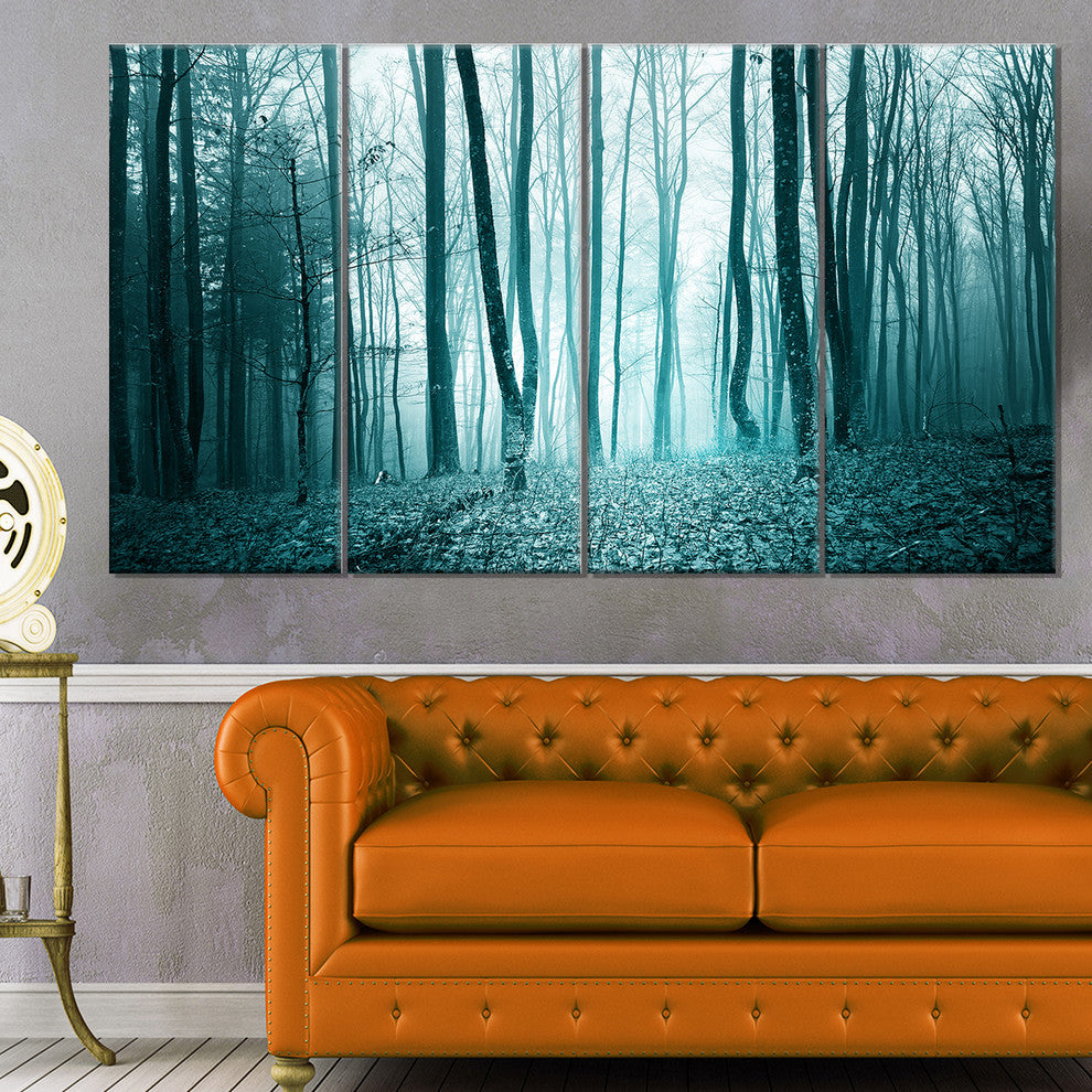 Turquoise Colored Magic Forest, Modern Forest Canvas Art, 48"x28", 4 Panels