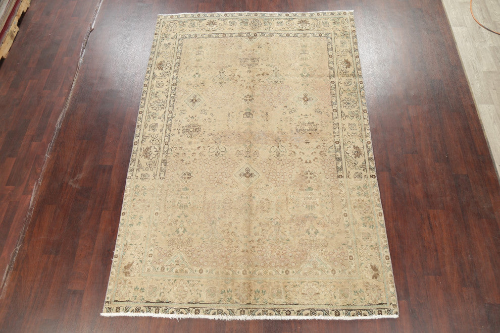 Consigned, Vintage Distressed Traditional Handmade Persian Area Rug, Brown, 7x10