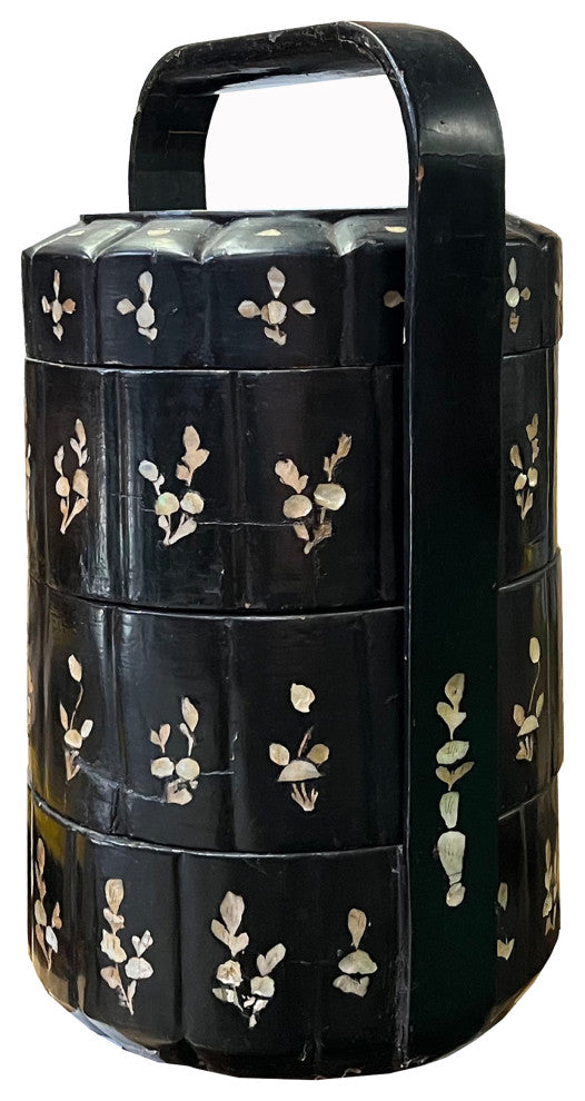 Chinese Vintage Distressed Black Lacquer MOP Inlay Basket, Hws2218