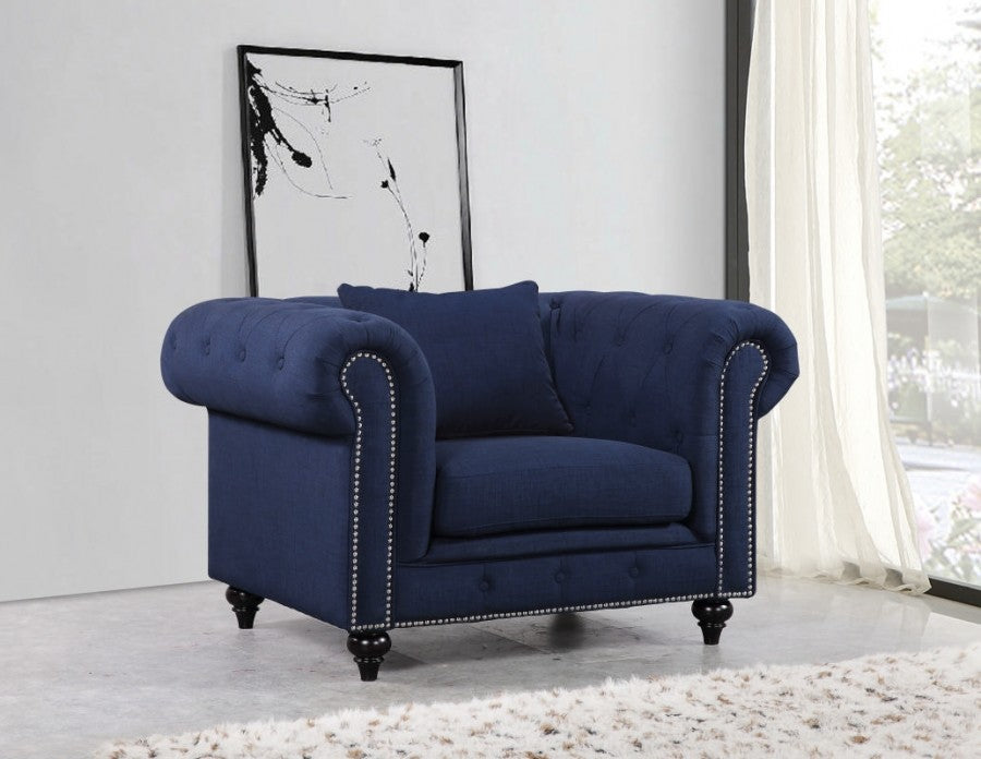 Chesterfield Linen Textured Fabric Upholstered Chair, Navy
