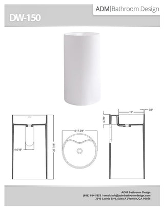 ADM Circular Freestanding Pedestal Sink, White, 18", Glossy White