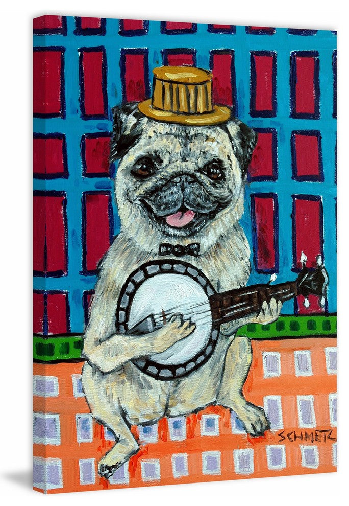 "Pug Banjo" Painting Print on Wrapped Canvas, 30"x45"