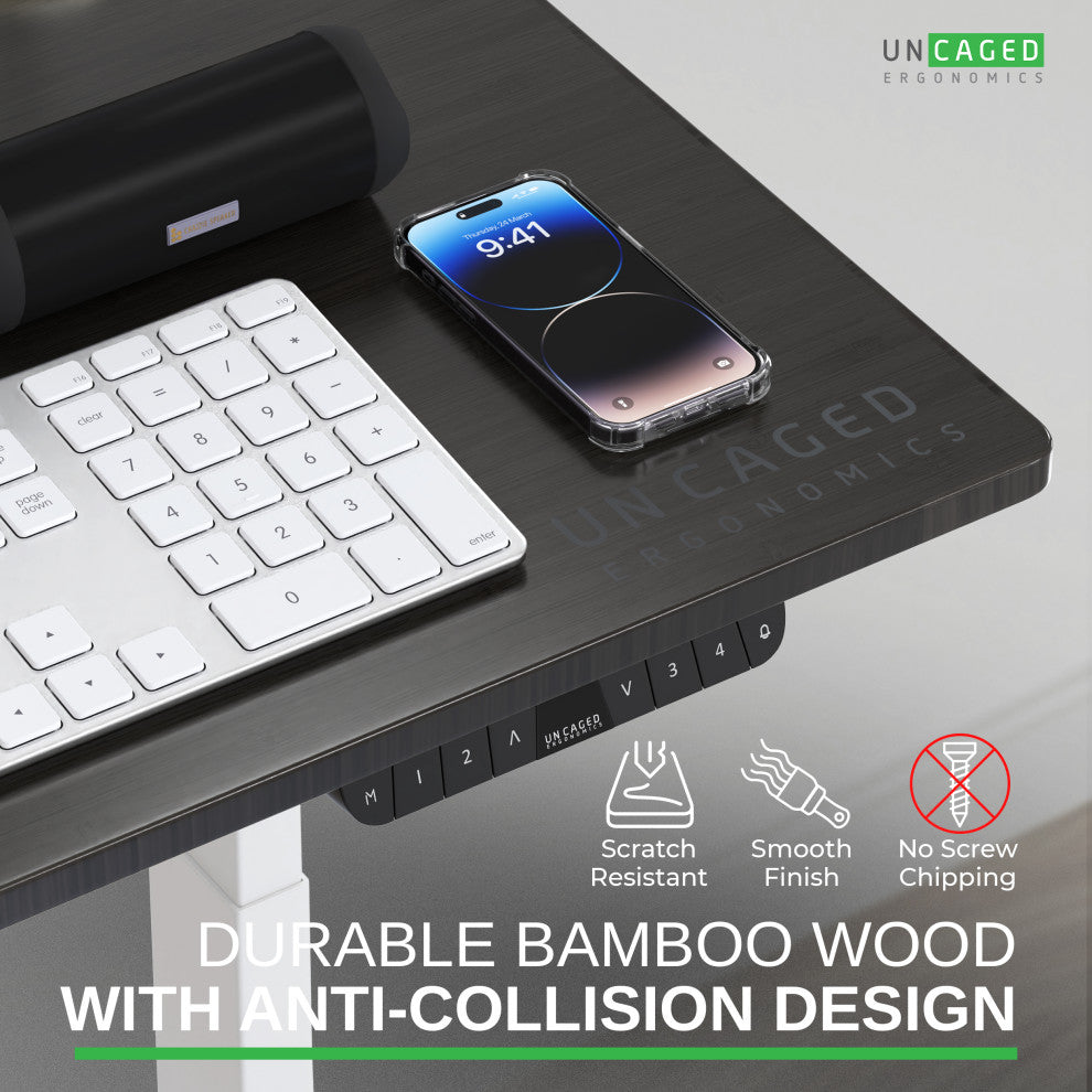 Rise Up Bamboo Electric Adjustable Height Office Desk, White Frame, Black Bamboo Desktop
