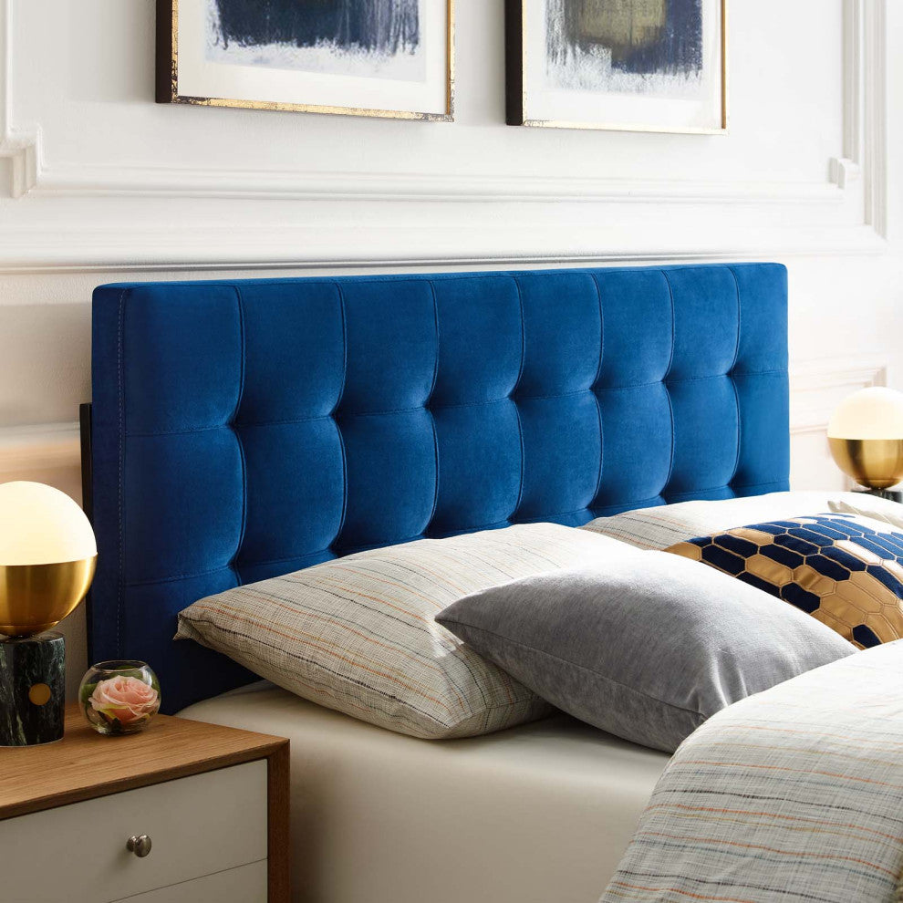 Contemporary Modern Full Size Tufted Headboard, Velvet Fabric, Navy Blue