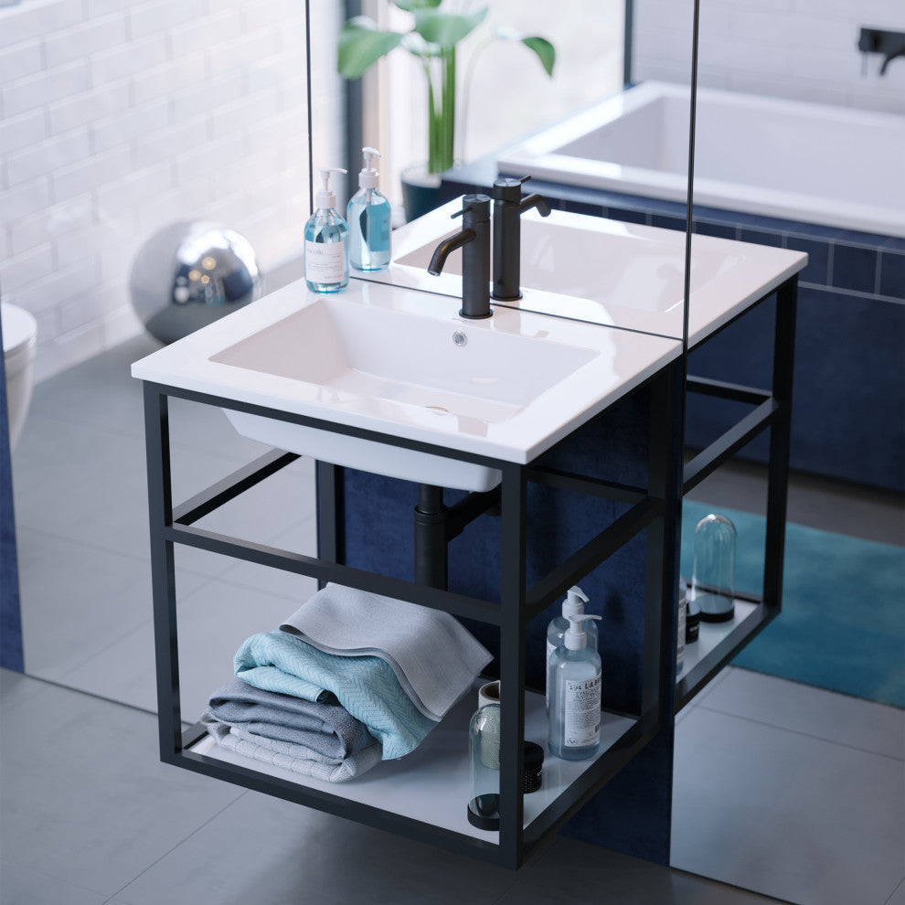 Pierre 24 Single, Metal Frame, Open Shelf, Bathroom Vanity, Black