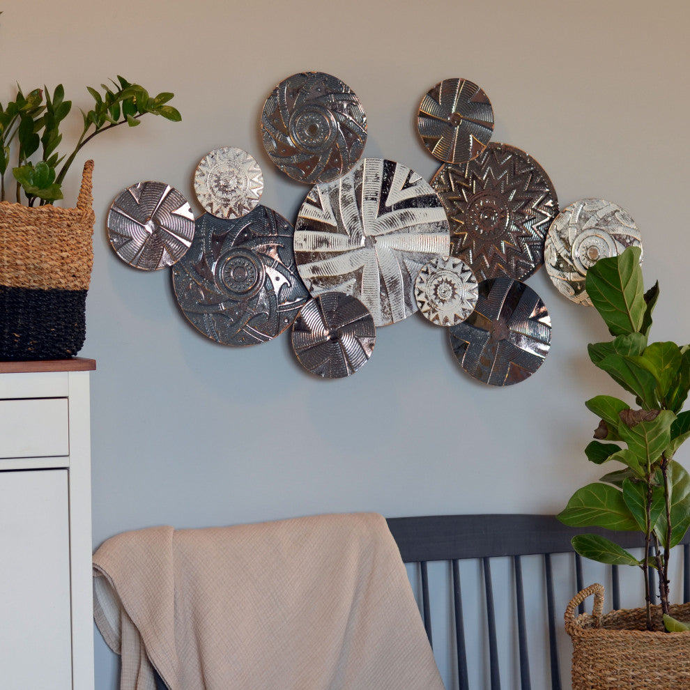 Modernist Floating Roundels, Atelier Metal Wall Decor, Gray White Washed Patina