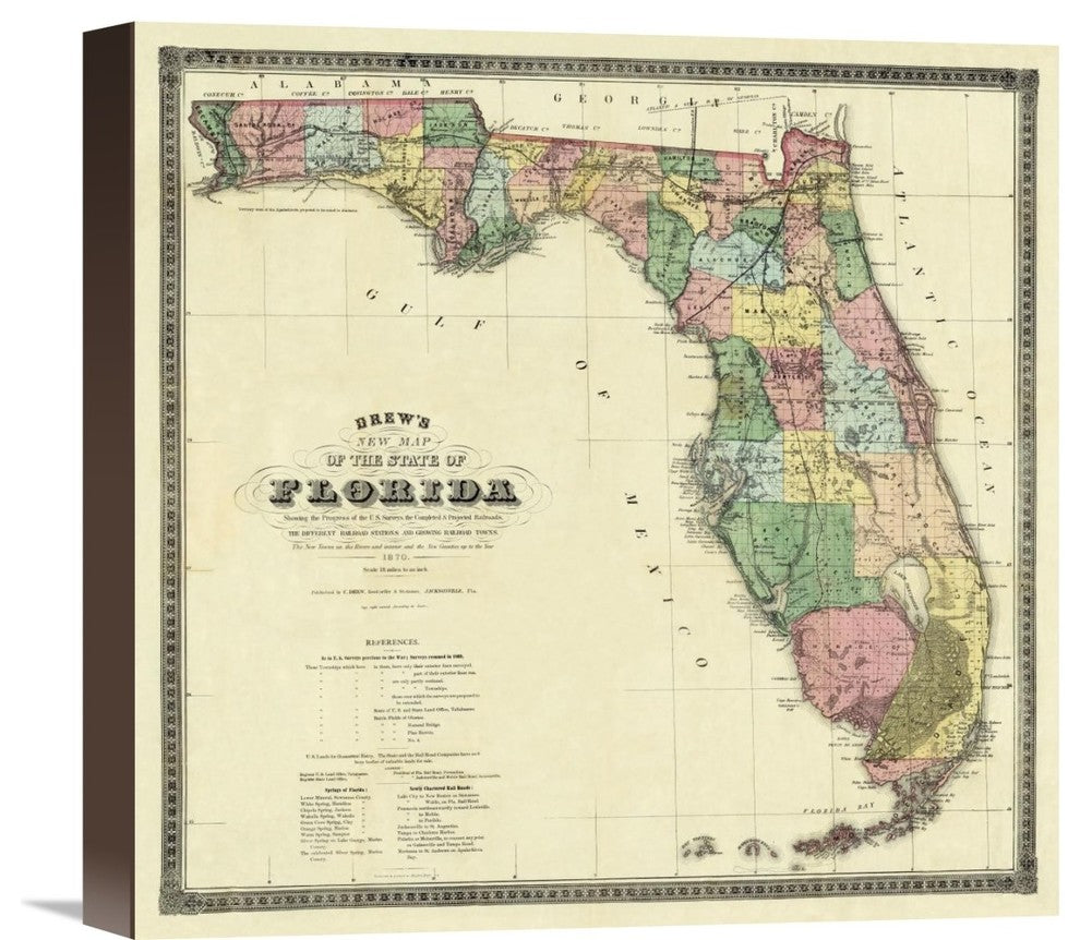 "New Map of The State of Florida, 1870" Canvas Giclee by Columbus Drew, 16"x16"
