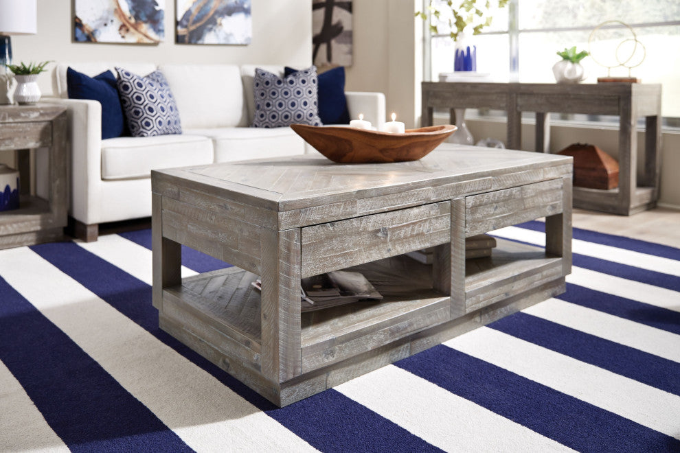 Modus Herringbone Solid Wood Two Drawer Coffee Table in Rustic Latte