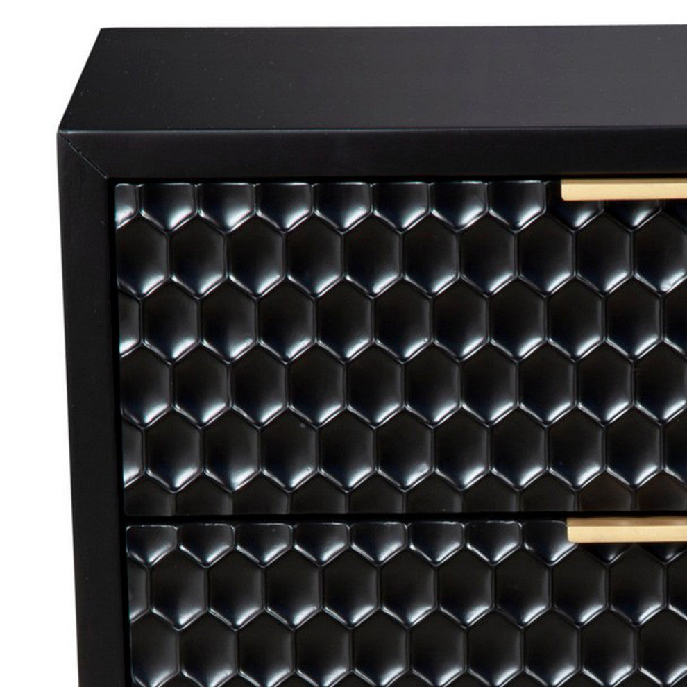 Benzara BM284258 Rexi 26" 2 Drawer Nightstand, Honeycomb Wood, Black, Gold