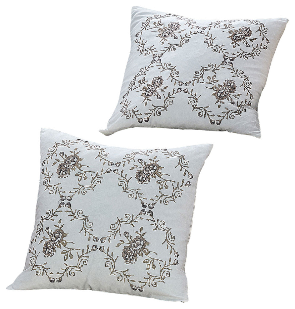 Rose Embroidery 2 Piece Pillow Cover Set, 26" X 26", Taupe