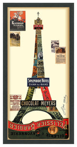 Eiffel Tower Collage Framed Graphic Wall Art Under Glass Handmade 33x17